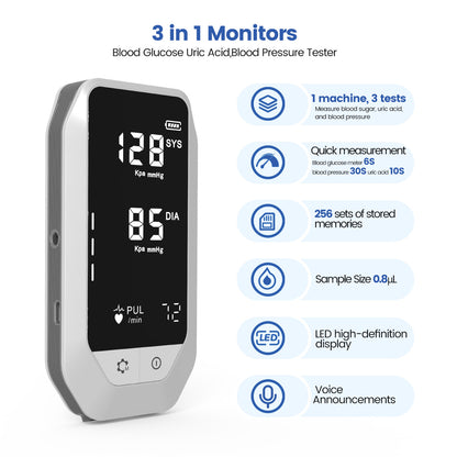 Blood Glucose Meter Blood Pressure Monitor Uric Acid Test 3-in-1 Multi-functional Household All-in-One Machine